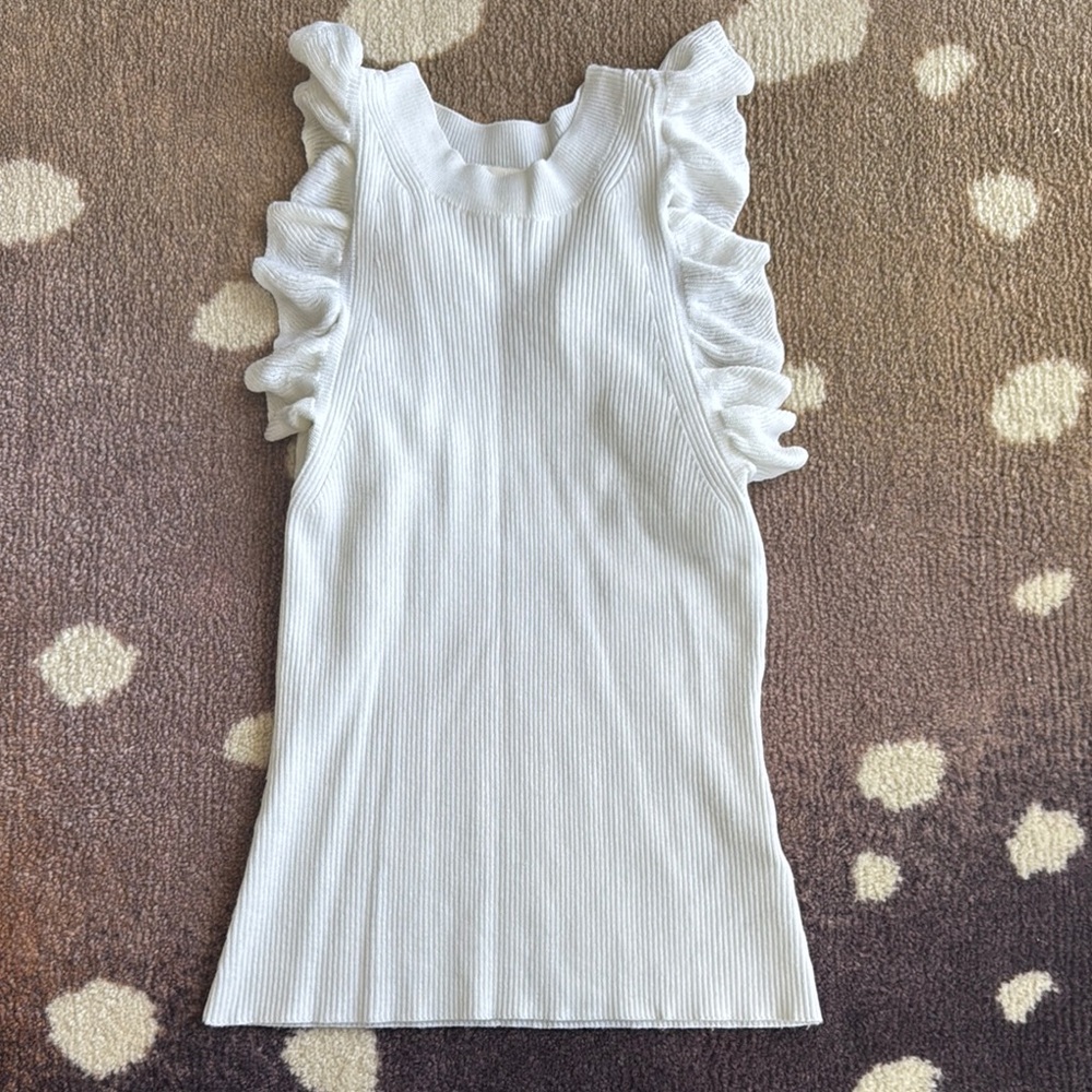 H&M White Ribbed Sleeveless Top with Ruffle Shoulders